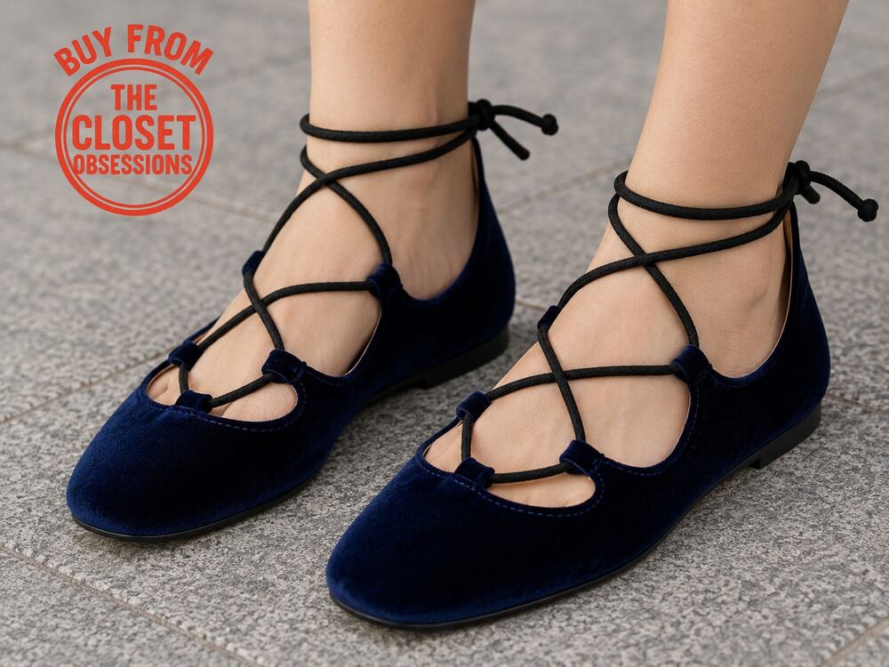 ZARA Navy Velvet Lace Up Ballet Flats NWT Balletcore Shoes Sizes 7.5 8 9